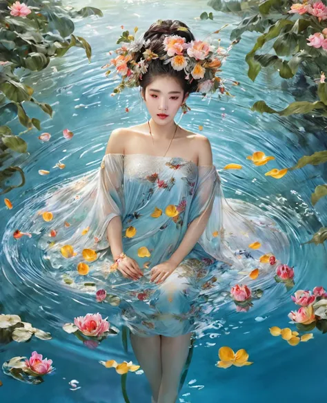 a painting of a woman floating in the water with flowers in her hair and a, by liu jun, floating in perfume, by hong ren, by wen...