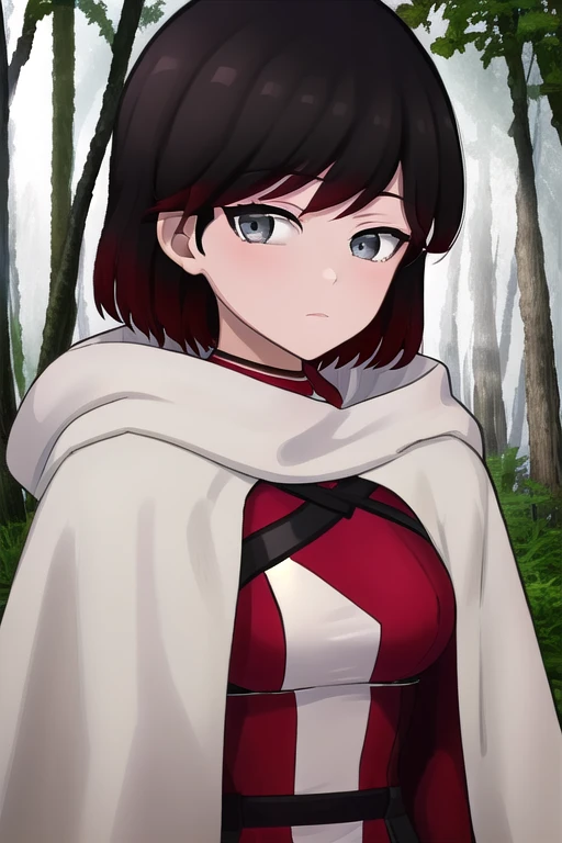 srwby, short hair, black hair, red hair, white cloak, white cape, gradient hair, grey eyes, solo, 1girl, looking at viewer, mast...