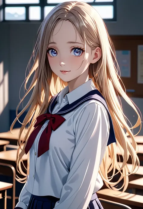 A beautiful anime girl, in school uniform, hands on the back, white background, long flowing hair, large expressive eyes, delicate facial features, porcelain skin, gentle smile, cinematic lighting, vibrant colors, dramatic atmospheric, photorealistic, 8k, ...