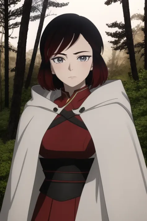 srwby, short hair, black hair, red hair, white cloak, white cape, gradient hair, grey eyes, solo, 1girl, looking at viewer, mast...