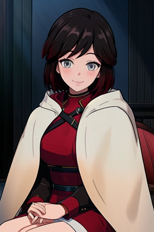 srwby, short hair, black hair, red hair, white cloak, white cape, gradient hair, grey eyes, solo, 1girl, looking at viewer, mast...