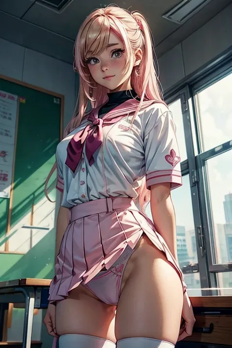 Anime girl with pink hair and sailor suit posing for a photo., realist , seductive anime girl, hiperrealista , a hiperrealista , yaoi kasuma, OPPAI, Sakura Haruno, smile, I will also make fanart., beautiful anime high school girl, school girl, [ Artedigita...