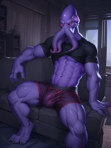 mind flayer, purple body, red eyes, (clothed), (t-shirt), detailed background, indoor, room, sofa, bara, nsfw, detailed bulge, Boxer shorts,
 [by canyne khai, by takemoto arashi, by null-ghost, by kiyosan, by milkytiger1145]