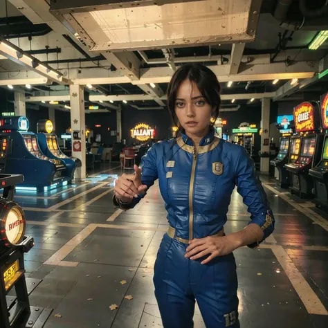 (one person). fallout tv series. inside a dimly lit large room in a post-apocalyptic (casino) in las vegas. vaultsuit lucy, an 1...