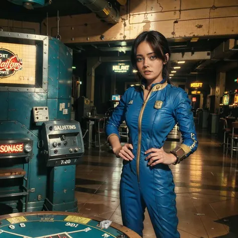 (one person). fallout tv series. inside a dimly lit large room in a post-apocalyptic (casino) in las vegas. vaultsuit lucy, an 1...