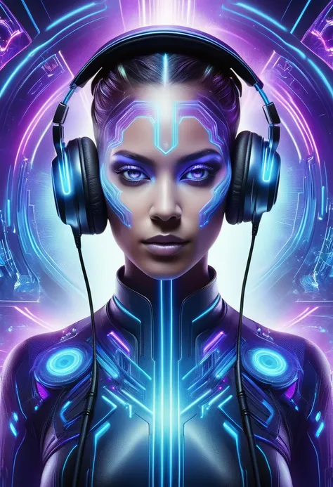 a highly detailed and vibrant image of a futuristic female dj with headphones. the dj's face is serene, with a mix of human and ...