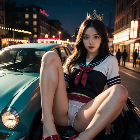 SFW, (Closeup from Crotch to Face) ExtremelyDetailed (SchoolGirl Lean against the Car) Spread Knees Up, perfect face, Brilliant(Tiny Crown), Detailed(Delicate Clothing textures) Sailor Uniform with Red Ribbon (((WhitePanties))), PerfectHand with 4Fingers a...