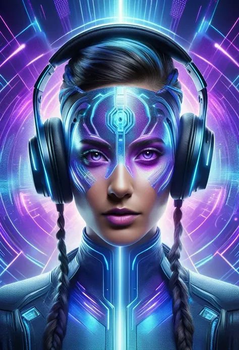 A highly detailed and vibrant image of a futuristic female DJ with headphones. The DJs face is serene, with a mix of human and ethereal elements, glowing in shades of blue and purple. The background should be transparent, focusing solely on the DJ.
