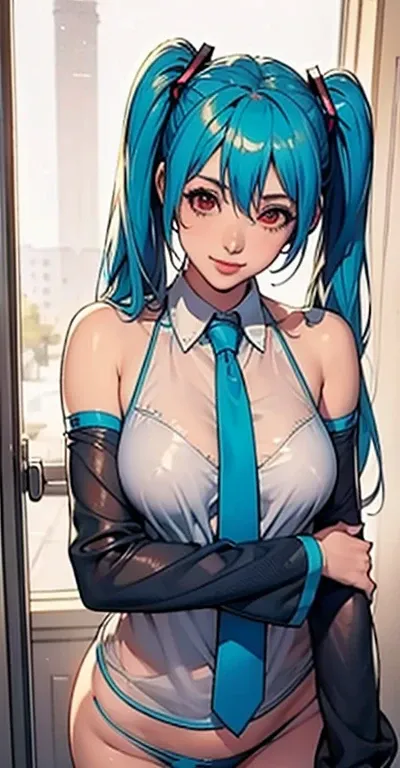 masterpiece, hatsune miku, 32K, (See-through shirt)Blue tie, Exposing shoulders, The sleeves are separated, Evil Smiley Face, Dark Skin, Red eyes, Iris, Pupil orange,Showing her panties,