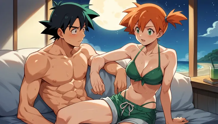 black hair, short hair, brown eyes, hair between eyes, ash ketchum, sweat shorts, shirtless misty pokémon, orange hair, green eyes, side ponytail, green bikini, masterpiece, starry night with a full moon photograph of beautiful 18 year old couple, inside a...