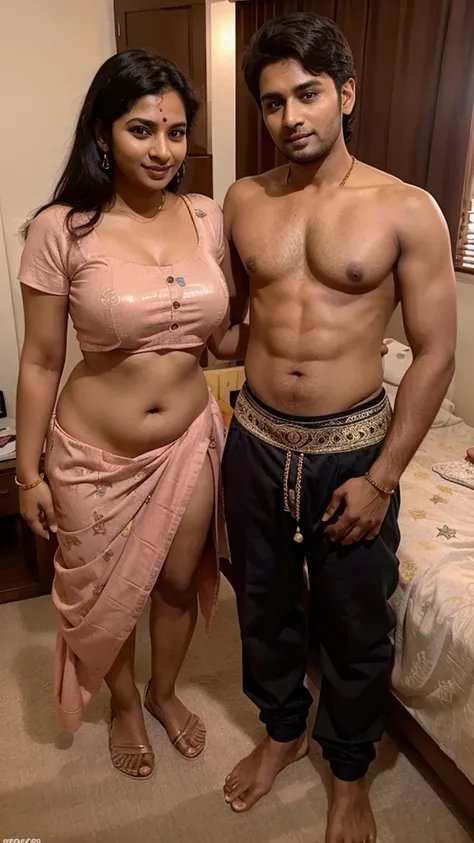 A radiant South Indian 35 year old aunty , having sex with a 25 year old boy in bed room. Full body image 