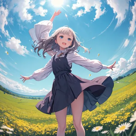 A girl standing on a meadow、A field full of dandelions、A lot of dandelion fluff is flying、Angle from below、laughing、Looking up at the sky、Fisheye Lens、blue sky、Open your arms、Dancing in the Wind、Hair blowing in the wind、