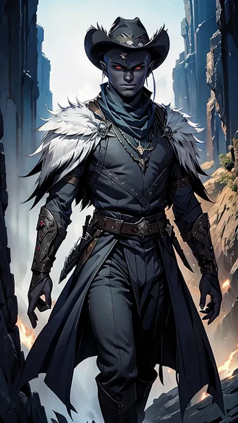 D&D art,(wide Shot) a striking and charismatic male drow with bald head, flat ears and bluish jet black skin in a cave. He is slim, muscular and handsome. His red eyes are sharp and alert, a magical jeweled eye-patch hides his left eye. in his hand carries...