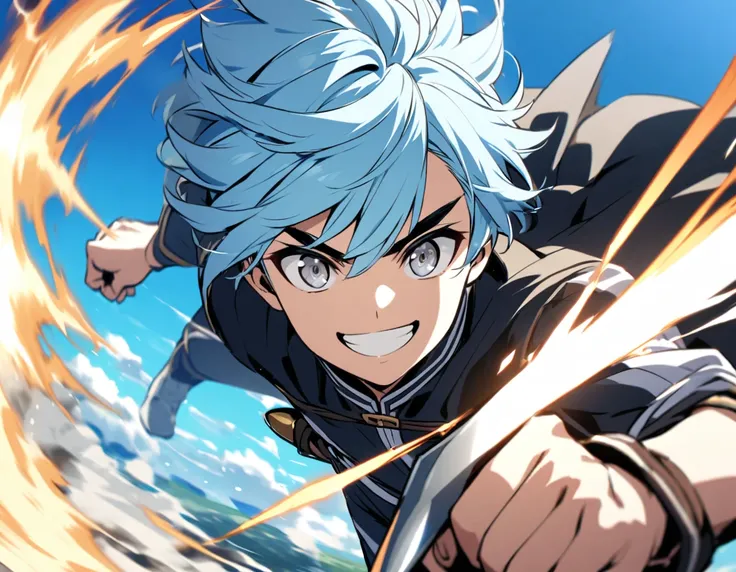 Light blue hair、youth、Holding a dagger in his right hand、Run at full speed、smile、blue sky、Black eyebrows、Silver eyes