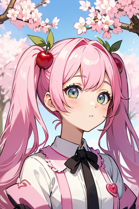 One girl、Her hair color is pink.、Twin tails、Sakura Hatsune Miku style、The background is a cherry tree、Cherry-like hair ornament