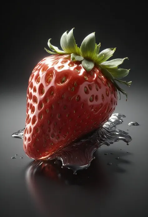 (mercury composed of one colorful translucent strawberry :1.8)rising from a puddle of liquid mercury, one strawberry cut in half...