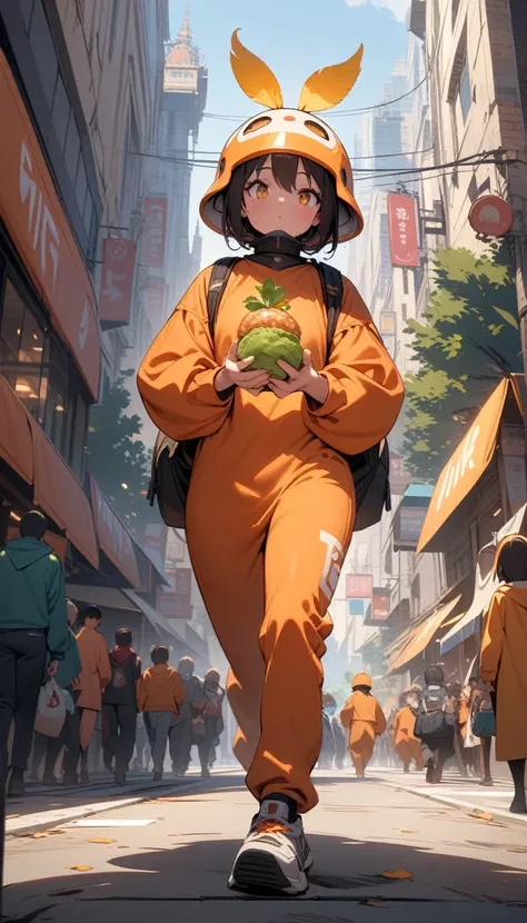 ((best quality)) , ((masterpiece)) , (detailed),A cartoon character, white and orange costume, helmet with a yellow feather headdress, holding food in his hands. Cityscape background, buildings, trees, people walking on the street.