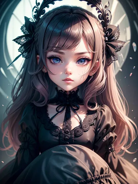 Beautiful Hardcore illustration homepage illustration style,exquisite facial features，The eyes are bright，chibiStyle，Dark,gothic barbie doll,Lolita skirt，delicate linework，3 Rendering