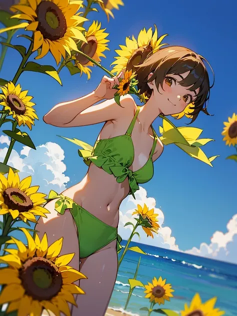  master piece, best quality, for below, cinematic angle, upper body , pigeon toed,  
Anime-style Moe illustration, summer vacation theme, 20-year-old 4womans holding a bouquet of sunflowers, short hair, 
bikini, slightly inner thighs, smile, accurate drawi...