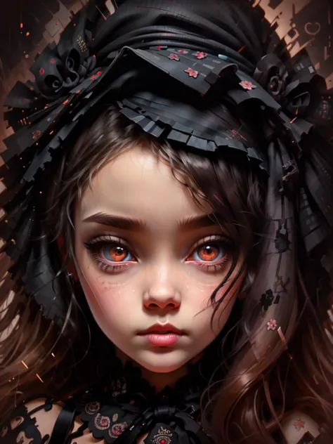 Beautiful Hardcore illustration homepage illustration style,exquisite facial features，The eyes are bright，chibiStyle，Dark,gothic barbie doll,Lolita skirt，delicate linework，3 Rendering