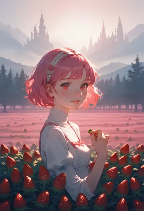 girl in a strawberry world, strawberry trees, strawberry mountains, strawberry rivers, strawberry clouds, strawberry landscape, vibrant colors, sweet pastel tones, dream-like, whimsical, magical realism, surreal, fantasy, highly detailed, cinematic lightin...