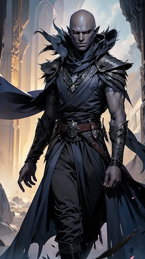 D&D art,(wide Shot) a striking and charismatic male drow with bald head, flat ears and bluish jet black skin in a cave. He is slim, muscular and handsome. His red eyes are sharp and alert, a magical jeweled eye-patch hides his left eye. in his hand carries...