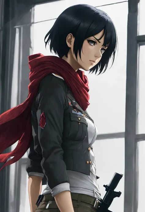 A close-up shot of Mikasa Ackerman standing with her back facing the viewer. Shes wearing a paradis military uniform with a red scarf tied around her neck, and a thigh strap on her leg. Her short black hair is styled between her eyes, framing her closed-of...