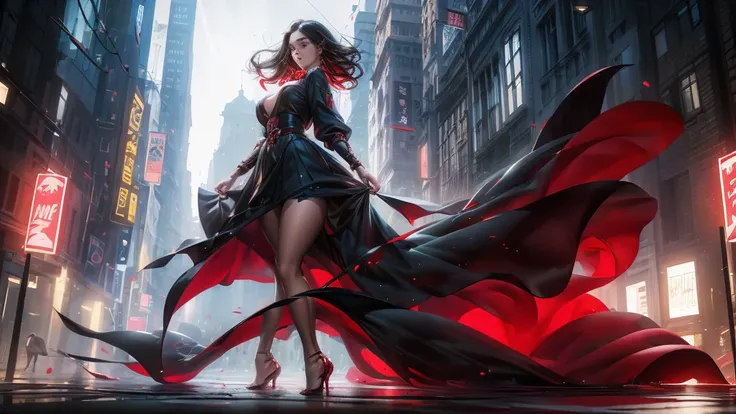 a woman with black hair is walking down the street, wearing a red dress. the scene captures her in motion, highlighting the flow...