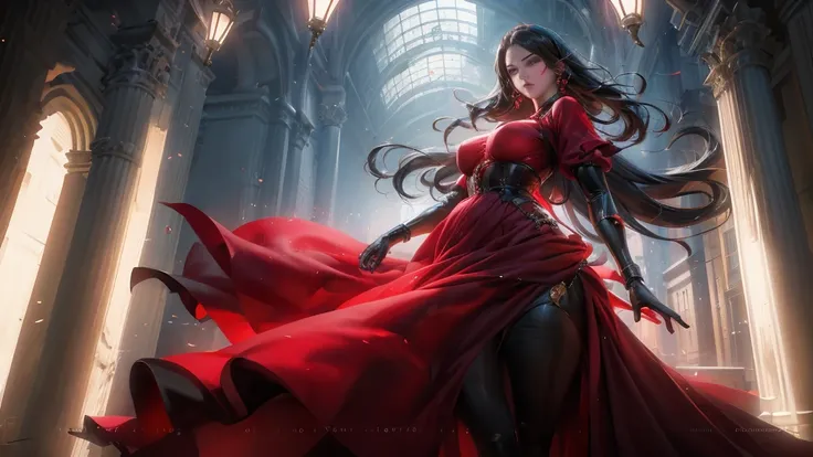 a woman with black hair is walking down the street, wearing a red dress. the scene captures her in motion, highlighting the flow...