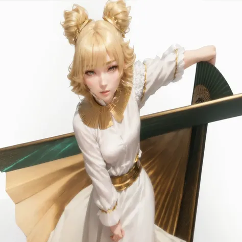 Blonde woman in a white dress posing with a folding fan, Shirahime cut hairstyle, April Rendering, shikamimi, change, Portrait of a girl in the Knights of the Zodiac, Also, Photorealistic anime girl rendering, As a Tekken character, Cute 3D anime girl rend...