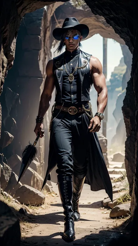 (wide Shot) a striking and charismatic male drow with bald head, flat ears and bluish jet black skin in a cave. He is slim, muscular and handsome. His red eyes are sharp and alert, a magical jeweled eye-patch hides his left eye. in his hand carries a large...