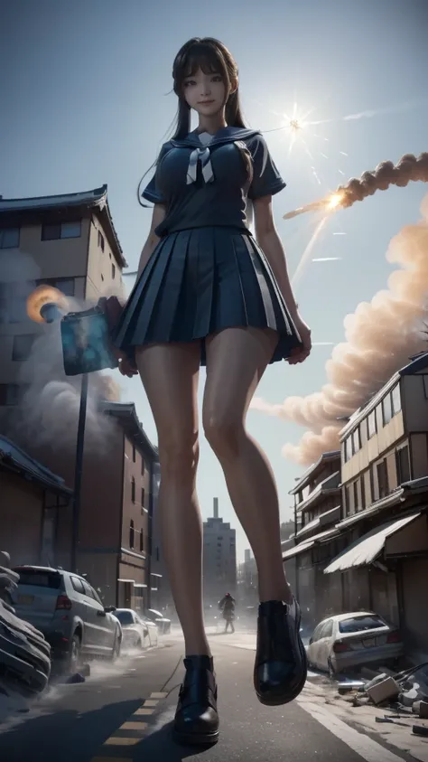 (giant element, high resolution, high quality, accurate body structure, detailed body), Japanese high school girl, sailor suit, towering giant girl, looking up at approaching woman from below, giant attacks city, cute, girl destroying small town, destroyin...