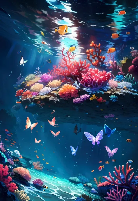 A butterfly swims underwater in a tropical ocean with flowers of various colors suspended around it, coral reefs, clear ocean