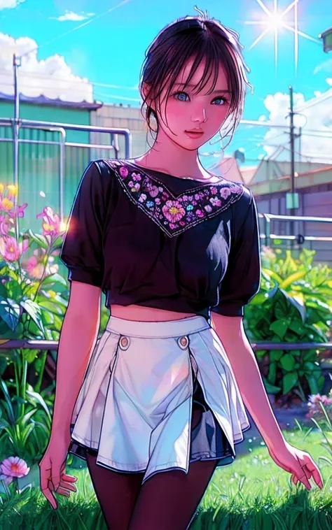 Front facing, facing this way、
Gal&#39;s more beautiful smile、
More cute casual summer outfits、Cute mini skirt、
More beautiful thighore beautiful colorful pantyhose、
Beautiful dark clouds, (Cowboy Shot:1.4), Beautiful and realistic, 
Beautiful masterpiece,...