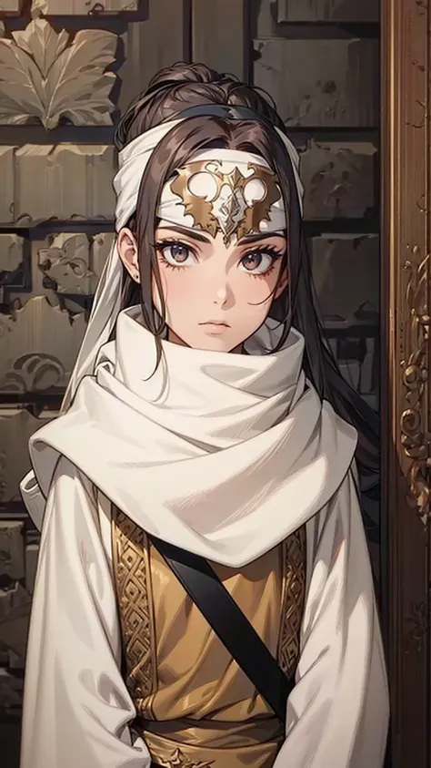 A woman with long hair, wearing a cowl and a headband on her forehead, standing in a small room, guarding and protecting the area, watching intently, with a sword on her back, detailed art work