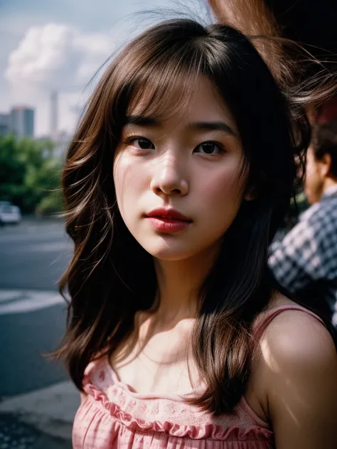 (Full shot:1.3), (best quality:1.4), 1girl, JAV, cute face, pink lace tanktop with long skirt, very close crowded, on the crowd lift, emotional posing, wavy hair, bangs, (hair blowing in the wind:1.2), (dramatic moment:1.3), (dynamic object:1.3), (kinetic ...