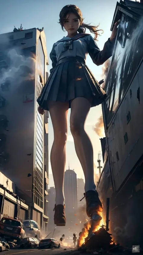 (Giantess elements, high resolution, high quality, accurate body structure, detailed body), Japanese high school girl, sailor uniform, towering giant girl, looking up at approaching woman from below, giant attacks city, cute, girl destroying small town, de...