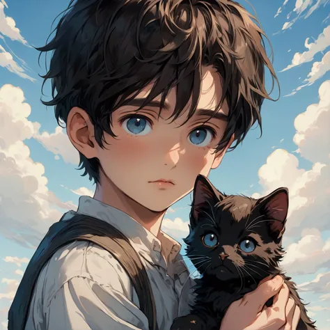 a boy，black hair，Big brown eyes，Blue sky background，Holding a black kitten in his hands，Close-up shot，high resolution，high quality，Cartoon anime style