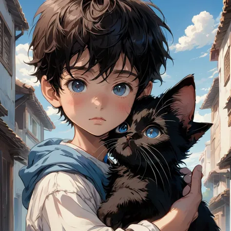 a boy，black hair，Big brown eyes，Blue sky background，Holding a black kitten in his hands，Close-up shot，high resolution，high quality，Cartoon anime style