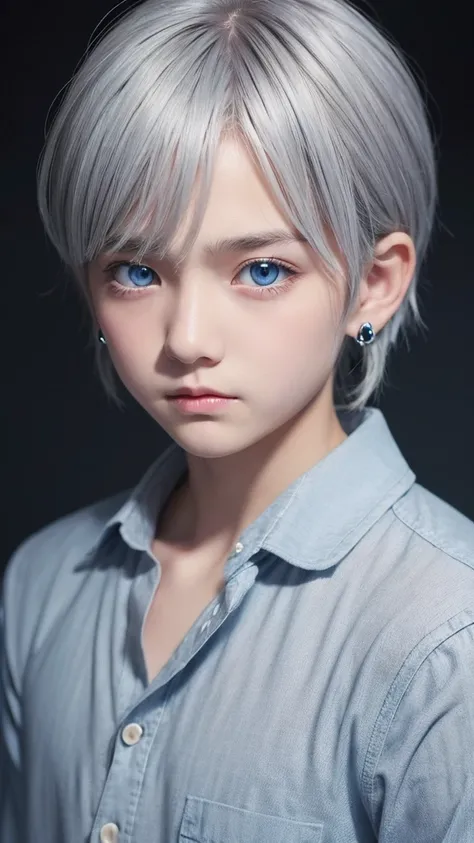 Gray Hair、Shota、blue eyes、Earrings、Sad, whole body、An illustration
