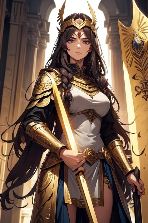 Athena has a majestic and imposing appearance, reflecting her nature as a warrior and wise goddess. She has long hair, often styled in a practical manner, often tied back or in a braid, dark brown in color. His eyes are steel gray, symbolizing clairvoyance...