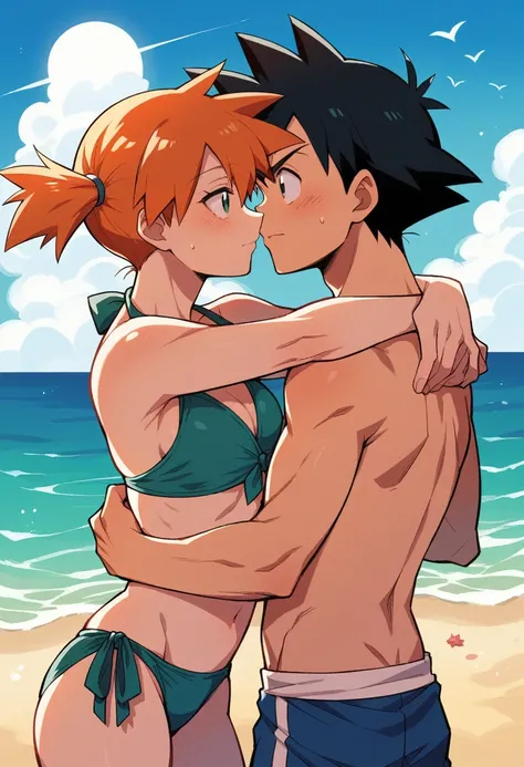 1boy, black hair, short hair, brown eyes, hair between eyes, ash ketchum, male swimwear, shirtless 1girl, misty pokémon, orange hair, green eyes, side ponytail, bikini, masterpiece, sun overhead, rainbow, blue sky photograph of beautiful 18 year old couple...