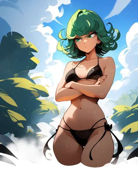 1girl, tatsumaki, one-punch man
 masterpiece, best quality, newest ///// nyantcha, khyle, cutesexyrobutts  thin waist, solo, bikini, sky, clouds, cropped legs, crossed arms, angry, mid-air, day
