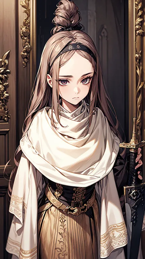 A woman with long hair, wearing a cowl and a headband on her forehead, standing in a small room, guarding and protecting the area, watching intently, with a sword on her back, detailed art work