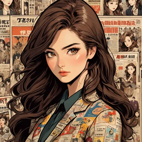 A beauty with long brown hair, beautiful face, female, cartoon illustration, close-up, wearing a retro trend suit jacket, the background is various newspapers and covers, retro grunge style, Japanese style