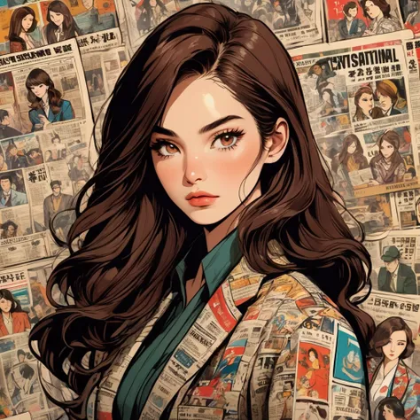 A beauty with long brown hair, beautiful face, female, cartoon illustration, close-up, wearing a retro trend suit jacket, the background is various newspapers and covers, retro grunge style, Japanese style