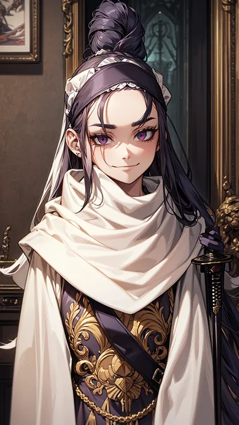 A woman with long hair, wearing a cowl and a headband on her forehead, standing in a small room, guarding and protecting the area, watching intently, with a sword on her back, detailed art work evil smile evil  face evil look