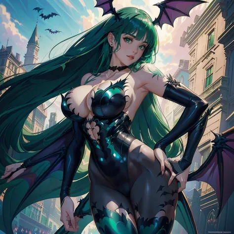 a woman dressed in black and green with bats on her shoulders, extremely detailed artistic germ, morrigan, artgerm y rossdraws, Morrigan Aensland, Krenz Cushart and Artgerm, estilo Ross Tran, artgerm lau, inspirado por Ross Tran, ross tran 8k, artgerm styl...