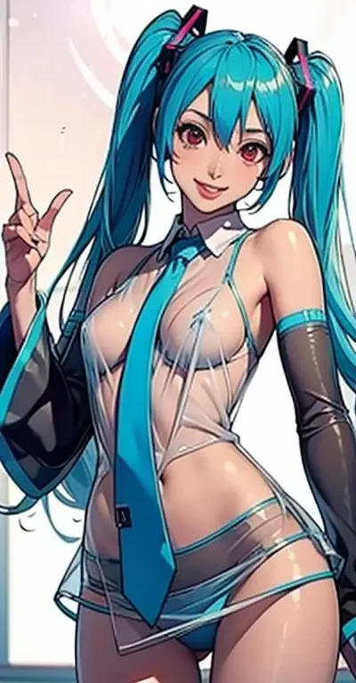 masterpiece, hatsune miku, 32K, (See-through shirt)Blue tie, Exposing shoulders, The sleeves are separated, Evil Smiley Face, Dark Skin, Red eyes, Iris, Pupil orange,Showing her panties,