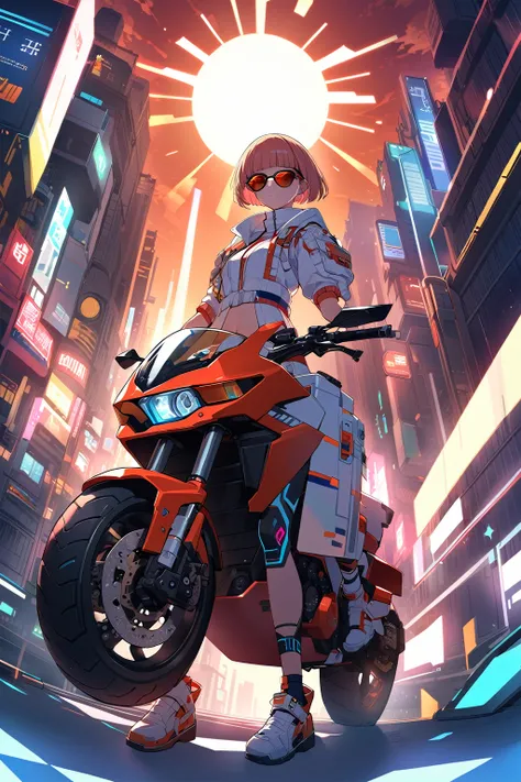 (extremely detailed fine touch:1.3), (((sun glasses:1.3))), (wear silver headphones around neck:0.8), short hair, blunt bangs, 1girl, solo, 2.5d face, full body, Motorcycle in the style of Akira anime, background futuristic cyberpunk, lighting blues, reds,...